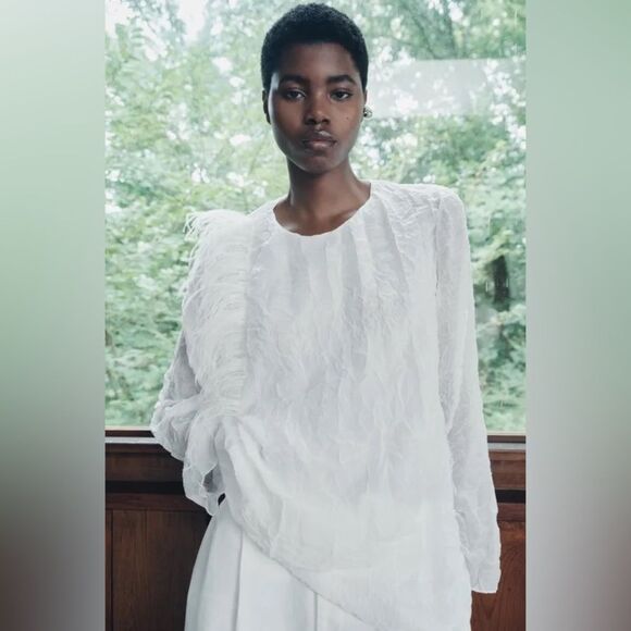 ZARA WHITE  WRINKLED EFFECT FEATHER BLOUSE ZW COLLECTION - Picture 3 of 11
